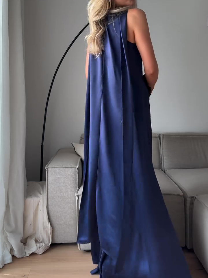 Kungsblå Satin ärmlös Maxiklänning